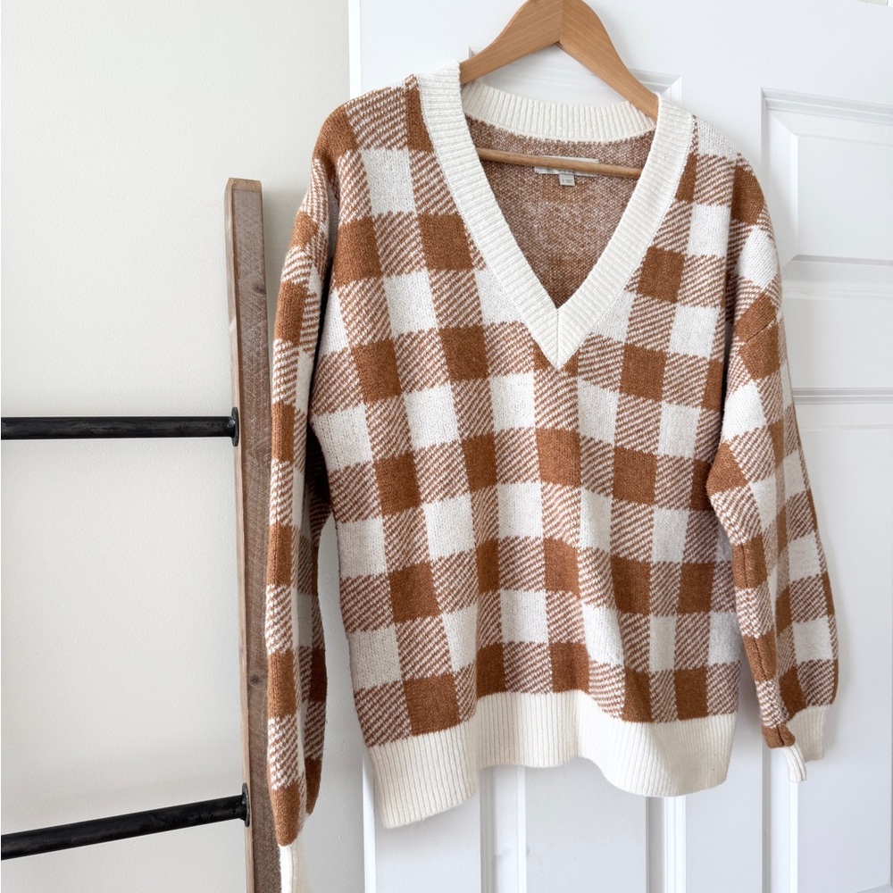 Orange and White Checkered V-Neck Sweater